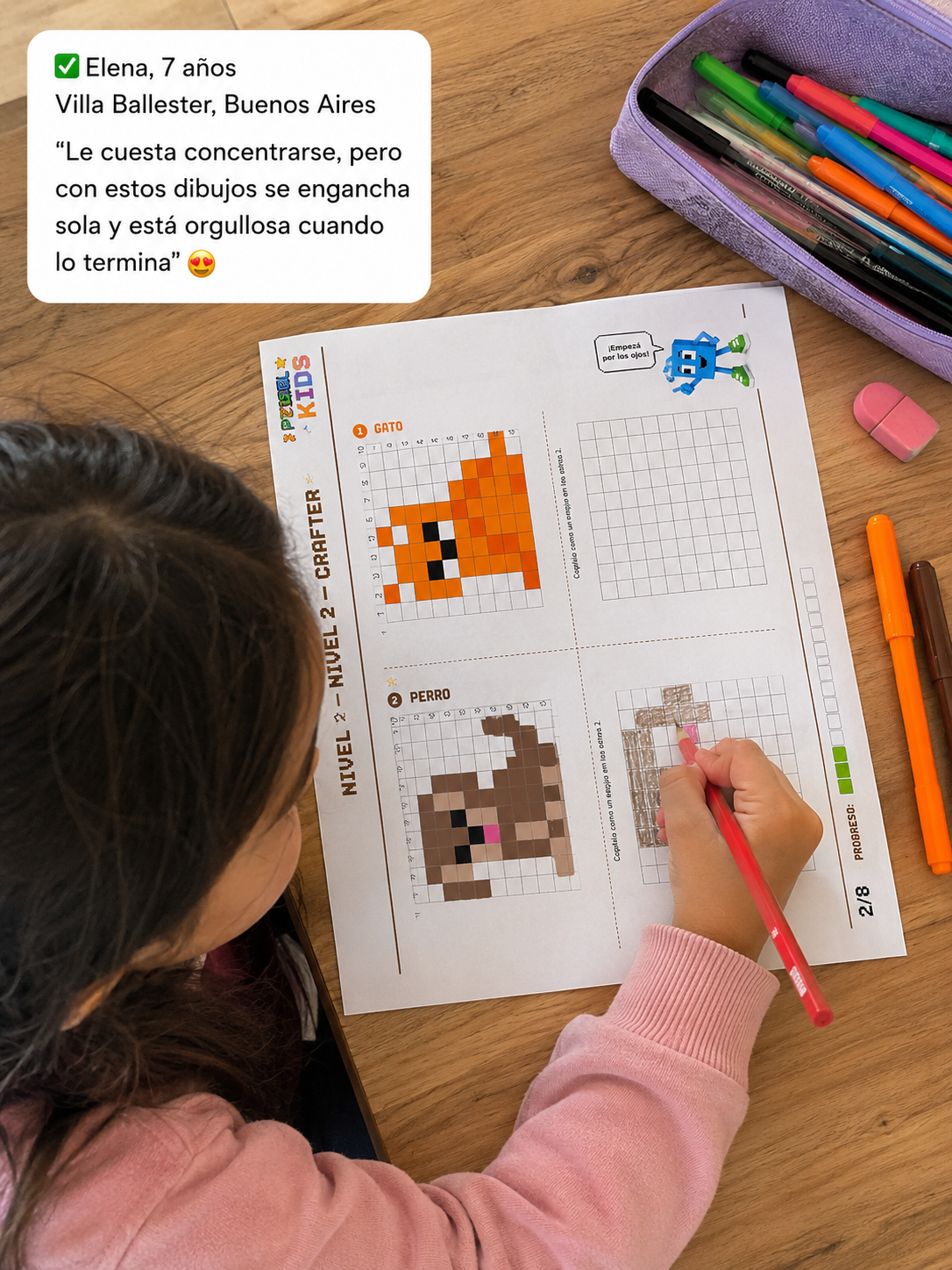 PIXEL KIDS — Libro de Actividades en Cuadrícula para Chicos | Concentración + Motricidad Fina + Creatividad