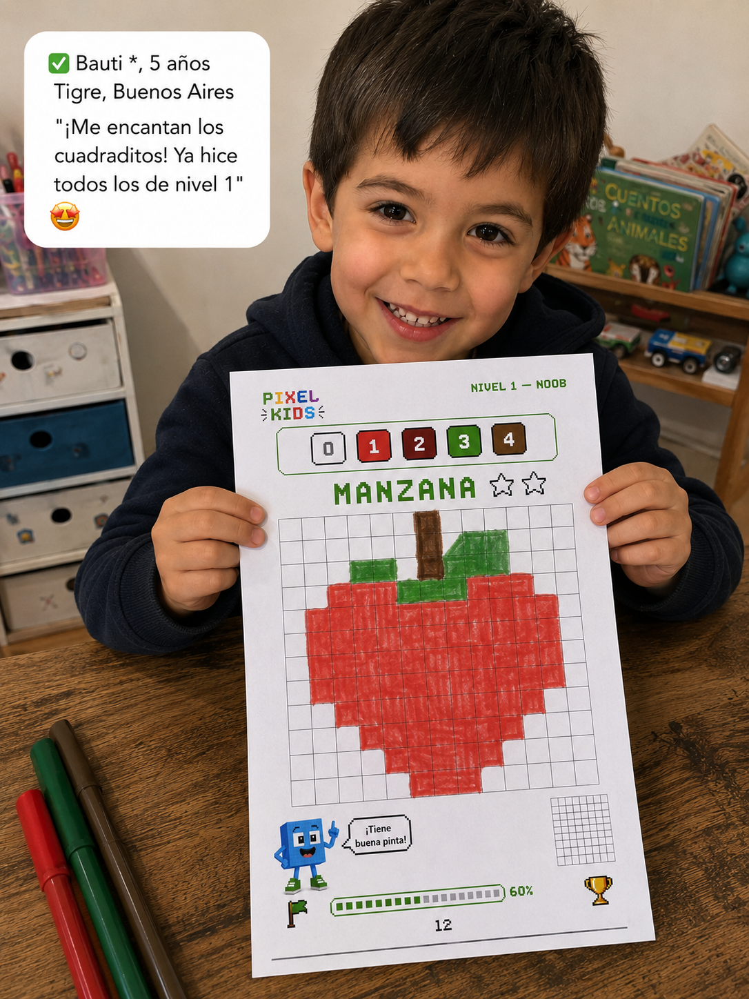 PIXEL KIDS — Libro de Actividades en Cuadrícula para Chicos | Concentración + Motricidad Fina + Creatividad